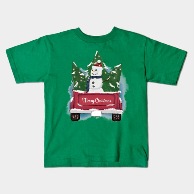 Christmas Truck with Snowman Kids T-Shirt by Peach Lily Rainbow